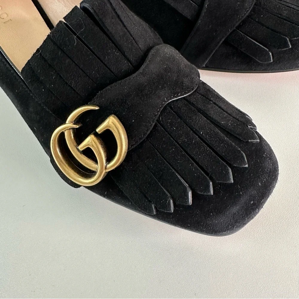 Gucci GG Marmont Pumps Black Suede Kid Scamosciato Block Heel Logo Loafers 36.5 - Picture 3 of 9